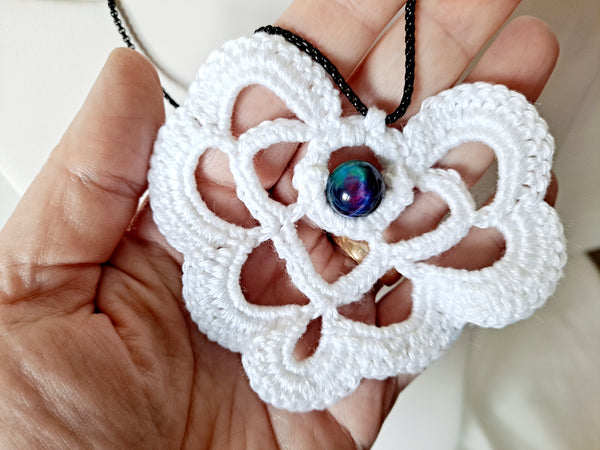 Crochet Heart Necklace with Cats Eye Aurora Bead - The Lovely Gift Co
