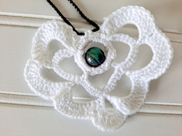 Crochet Heart Necklace with Cats Eye Aurora Bead - The Lovely Gift Co
