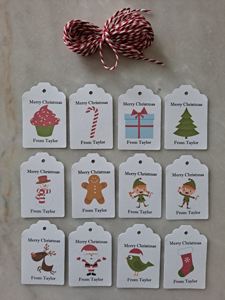 Kid's Personalized Christmas Holiday Paper Tags 2" x 1.5", Set of 12 - The Lovely Gift Co