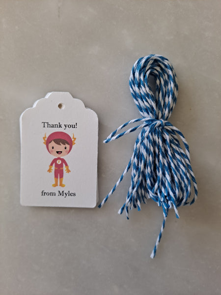 Kid's Personalized Boy Superhero Theme Birthday Paper Tags 2" x 1.5", Set of 12 - The Lovely Gift Co