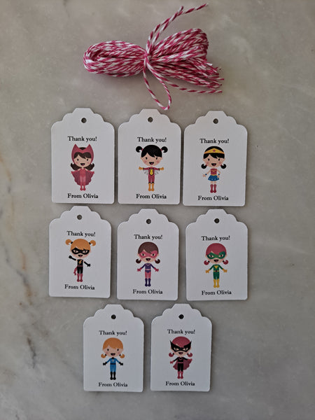 Kid's Personalized Girl Superhero Theme Birthday Paper Tags 2" x 1.5", Set of 12 - The Lovely Gift Co