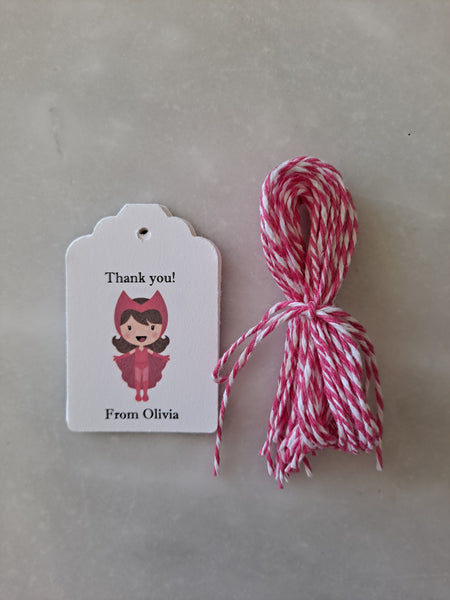 Kid's Personalized Girl Superhero Theme Birthday Paper Tags 2" x 1.5", Set of 12 - The Lovely Gift Co
