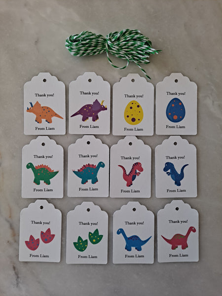 Kid's Personalized Dinosaur Theme Birthday Paper Tags 2" x 1.5", Set of 12 - The Lovely Gift Co