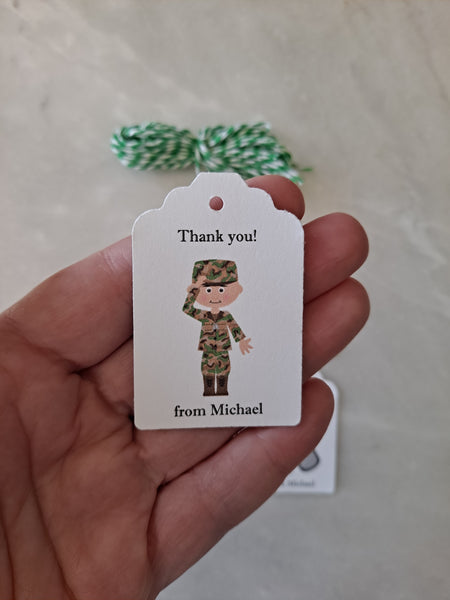 Kid's Personalized Army Theme Birthday Paper Tags 2" x 1.5", Set of 12 - The Lovely Gift Co