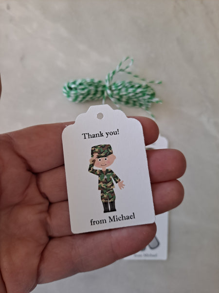 Kid's Personalized Army Theme Birthday Paper Tags 2" x 1.5", Set of 12 - The Lovely Gift Co