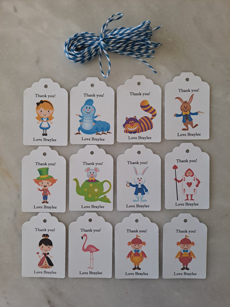 Kid's Personalized Alice in Wonderland Theme Birthday Paper Tags 2" x 1.5", Set of 12 - The Lovely Gift Co