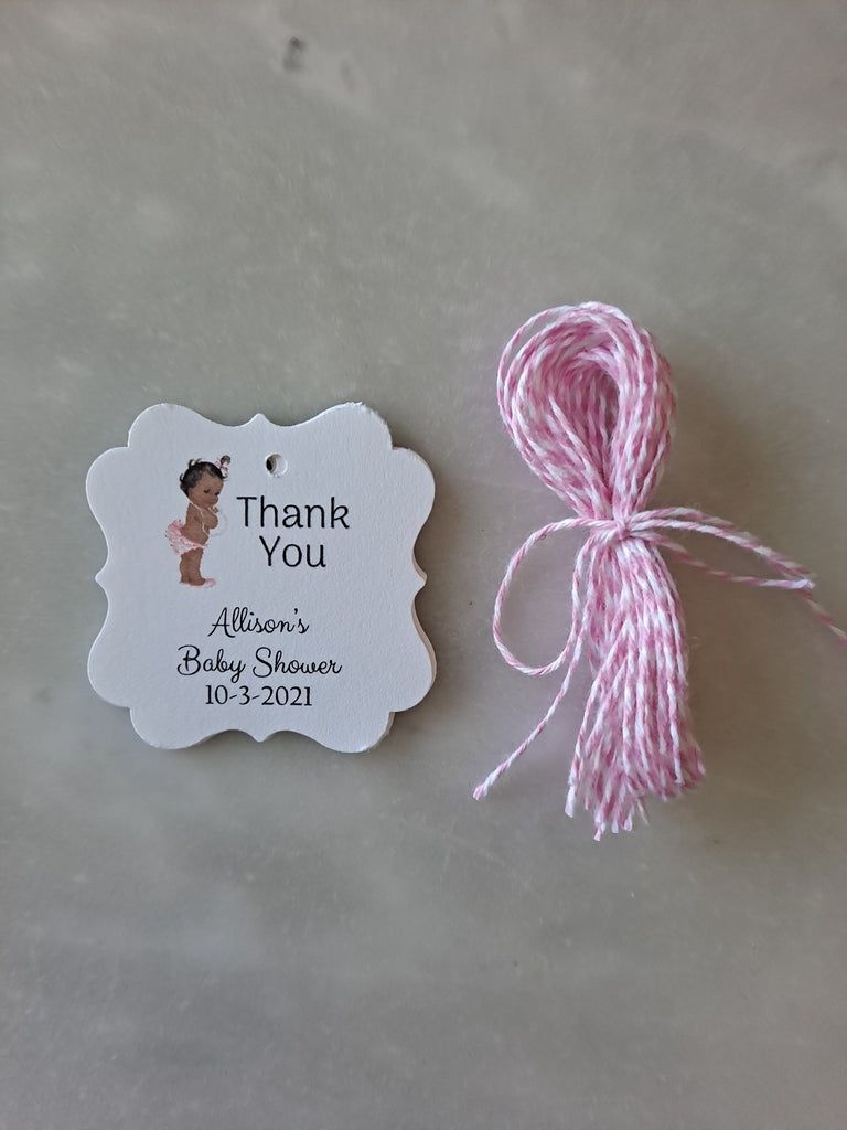 Personalized Baby Girl Shower Paper Tags 2" x 1.5", Set of 12 - The Lovely Gift Co