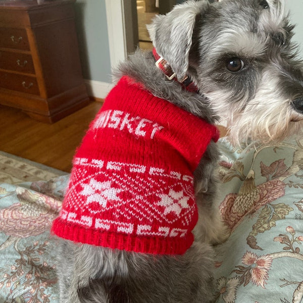 Personalized Dog Knit with Holiday Trim in your choice of color, Ugly Christmas Dog Sweater - The Lovely Gift Co